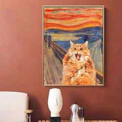 the scream cat print, art prints, living room digital print, cat portrait, animal print, vintage wall art, unique gift