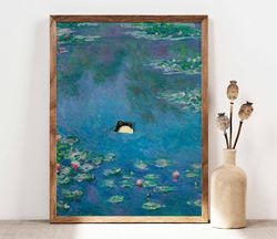 unimpressed frog, monet waterlily frog print, claude monet angry frog poster, frog art, floral print, funny frog print,