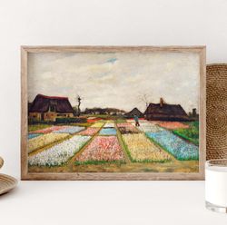 vincent van gogh's garden poster, vintage flower beds in holland poster, cottage art, botanical print, village home deco