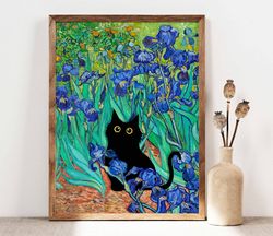 vincent van gogh's irises cat print, van gogh cat poster, black cat art, floral print, funny cat print, funny gift, home