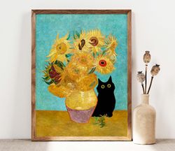 vincent van gogh's sunflowers cat print, van gogh cat poster, black cat art print, funny cat print, funny gift, home dec