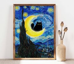 vincent van gogh's the starry night cat print, van gogh cat poster, black cat art, funny cat print, funny gift, home dec