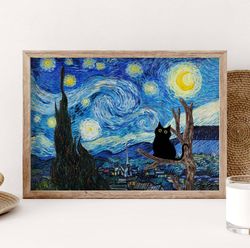 vincent van gogh's the starry night cat print, van gogh cat poster, black cat art, funny cat print, funny gift, home dec