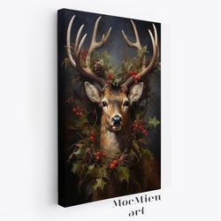 vintage christmas majestic reindeer with christmas wreath crown canvas poster wall art christmas ornaments reindeer art