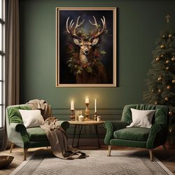 vintage christmas printable majestic reindeer with christmas wreath crown wall art christmas ornaments winter decor digi