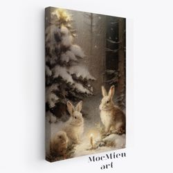 vintage christmas printable wall art prints canvas poster bunny and candle in the wood moody wall art prints home decor