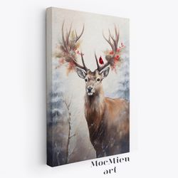 vintage christmas reindeer and northern cardinal bird rustic christmas art canvas poster moody wall art winter wall deco