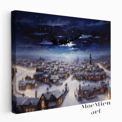 vintage christmas wall art prints canvas poster santa and reindeer flying over the old town christmas eve canvas poster