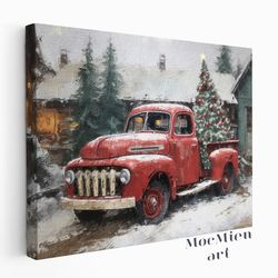 vintage classic red truck with christmas tree and farmhouse landscape wall art canvas poster oil painting red truck home