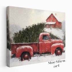 vintage classic red truck with christmas tree and farmhouse landscape wall art canvas poster oil painting red truck home