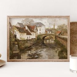 vintage country poster, rustic european village painting print, water canal painting, rustic, brown, dark green tones po