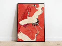 vintage japanese poster with crane bird illustration art print, home decor