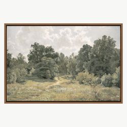 vintage landscape large wall art print deciduous forest edge nature wilderness, green art, vintage art, minimalist art,