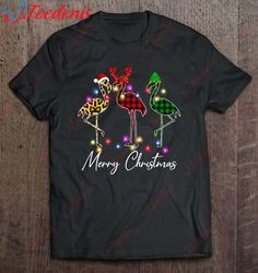 flamingo santa hat reindeer buffalo plaid flamingo christmas t-shirt, funny christmas outfits for couples  wear love, sh