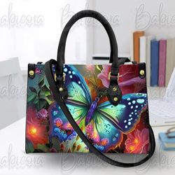 butterfly landscape leather handbag wallet, colorful butterfly shoulder bag, custom bag