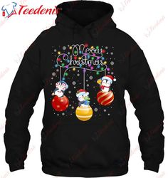 cute penguins merry christmas lights ornaments balls pajama shirt, christmas shirts on sale  wear love, share beauty