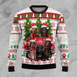 dachshund red truck sweater, ugly christmas sweater for dog lovers