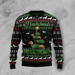 dachshund through snow christmas sweater, ugly christmas sweater for dog lovers