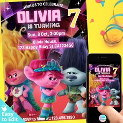 trolls movie birthday invitation template digital