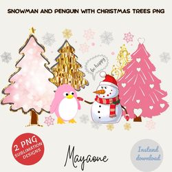 pink christmas tree, snowman and penguin with christmas trees png sublimation design, download, christmas png, xmas png