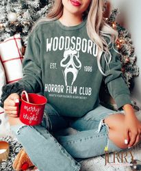 woodsboro horror film club comfort sweatshirt, vintage halloween woman sweatshirt, thriller movie, horror movies, scary