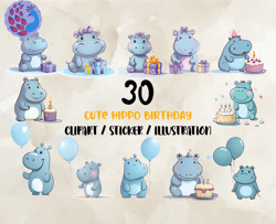 30 cute hippo birtday png, birthday svg, happy birthday png, t-shirt designs 02
