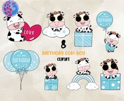 cute baby cow boy birthday clipart set, birthday svg, happy birthday png, t-shirt designs 09