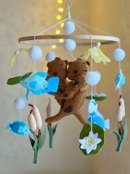 otters mobile crib, baby mobile hanging, nursery mobile felt, baby shower gift