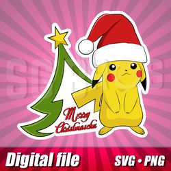 merry christmas with pikachu in svg and png, pokemon pikachu cricut cut file, christmas pikachu in hat printable clipart