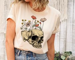 bloom skull t-shirt, calavera shirt, skeleton shirt, sugar skull flower, gift for her, aesthetic shirt, art lover, dead