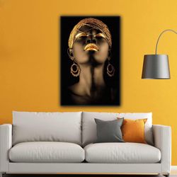 african woman portrait gold african woman roll up canvas, stretched canvas art, framed wall art painting