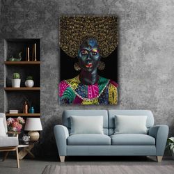 african woman with gold earrings gold african woman roll up canvas, stretched canvas art, framed wall art painting