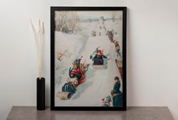 vintage sledding canvas, christmas art, vintage winter landscape, happy people.jpg