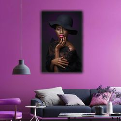 african woman model with black hat with red lipstick roll up canvas, stretched canvas art, framed wall art painting