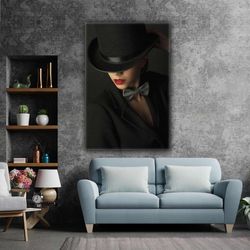 black hat female model red lipstick suit roll up canvas, stretched canvas art, framed wall art painting