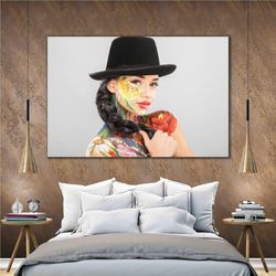 black hat flower tattoo woman model woman roll up canvas, stretched canvas art, framed wall art painting