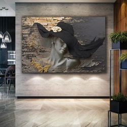 blindfolded statue woman in black hat gold butterflies decor roll up canvas, stretched canvas art, framed wall art paint