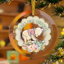 personalized baby girls 1st christmas glass ornament, baby boy 1st christmas glass ornament, pooh glass ornament