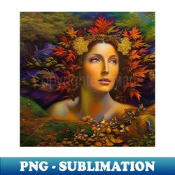 autumnal equinox beautiful woman surrounded by autumn leaves - vintage sublimation png download - enhance your apparel with stunning detail