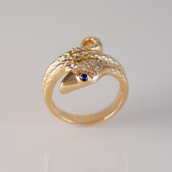 glamorous yellow gold snake ring with sparkling sapphire & diamond accents