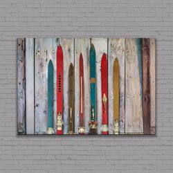 large old skis on canvas, oversized vintage ski poster, skiing wall art set, mountain house decor, ready to hang-1.jpg