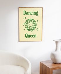 dancing queen wall art, disco ball print, funky print, groovy posters, dorm room decor, green disco ball, retro wall art