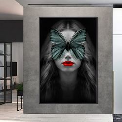 modern oil painting beautiful girl with looking butterfly and red lips canvas painting, abstract cool art, modern wall d