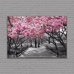 cherry blossoms canvas, sakura poster, black white pink japanese painting, 3 and 5 piece canvas wall art, ready to hang