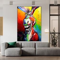 colorful donkey canvas painting, laughing donkey wall art, christmas gift, rolled canvas print, ready to hang