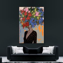 colorful flower head woman canvas, flower head woman poster,  ethnic woman canvas print, ready to hang canvas