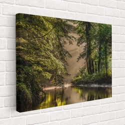 forest canvas wall art, forest tree poster, forest river painting nature art living room sun forest prints extra large c