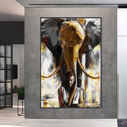 gold glitter embroidered elephant and african woman canvas wall art, african art, farmhouse decor, new home gift, ready
