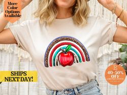 apple with colorful rainbow graphic tee, cute apple rainbow t-shirt, colorful rainbow apple t-shirt, fruitful rainbow ap