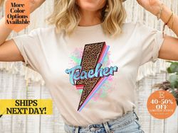 colorful lightning and leopard print teacher shirt, leopard lightning design teacher t-shirt, trendy leopard print light